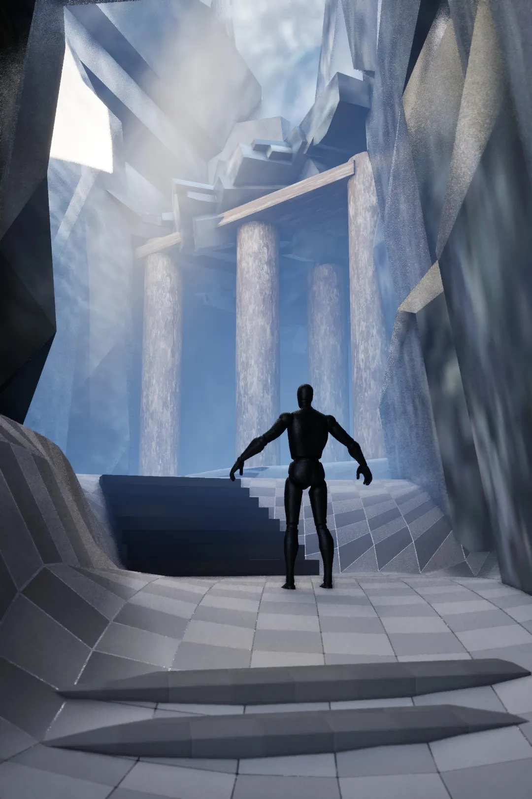 Grey blockout of the cave environment