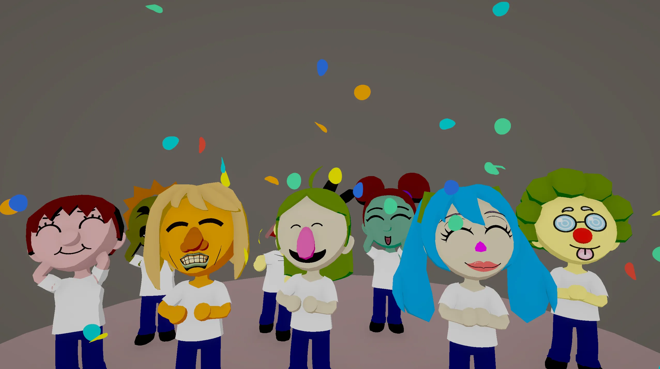 A crowd of cartoony characters cheering