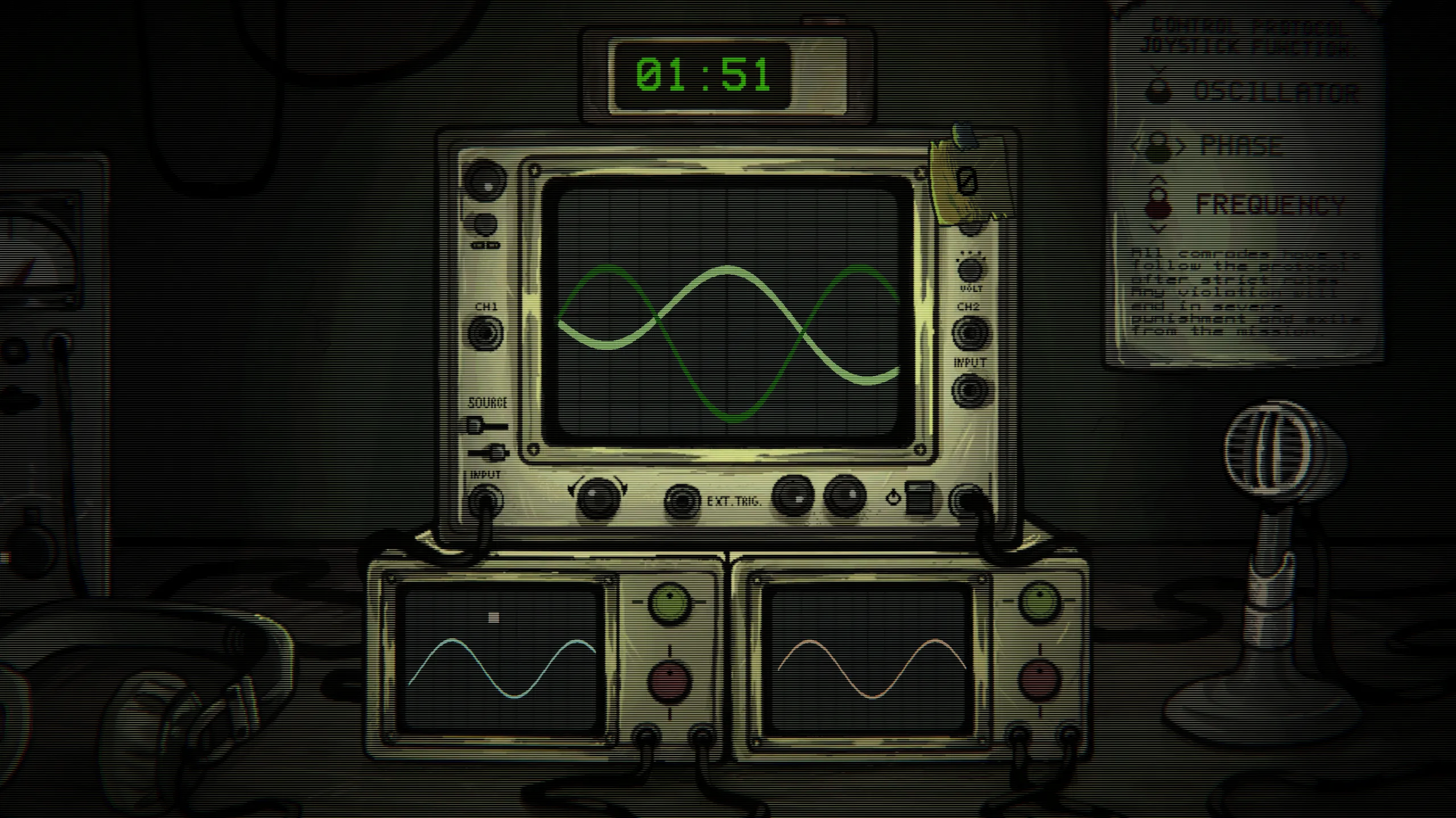 In-game view of the oscilloscope with two sine waves and the target signal