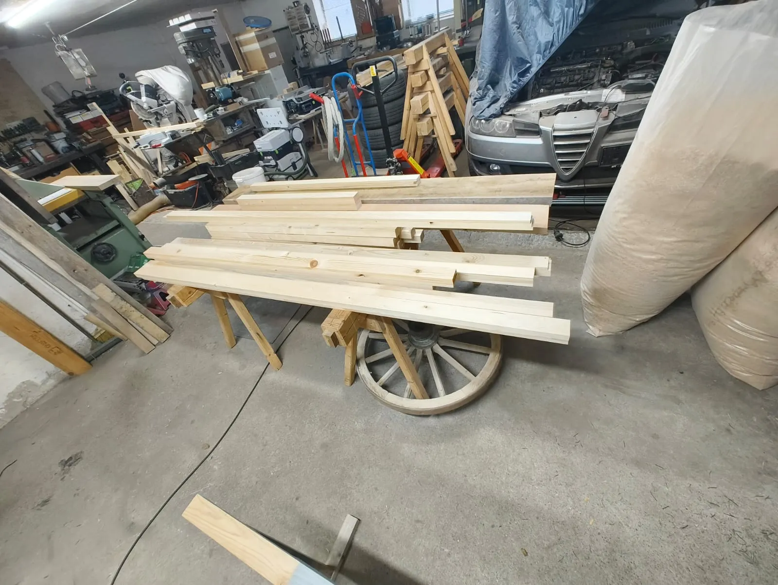 The initial stack of wooden beams