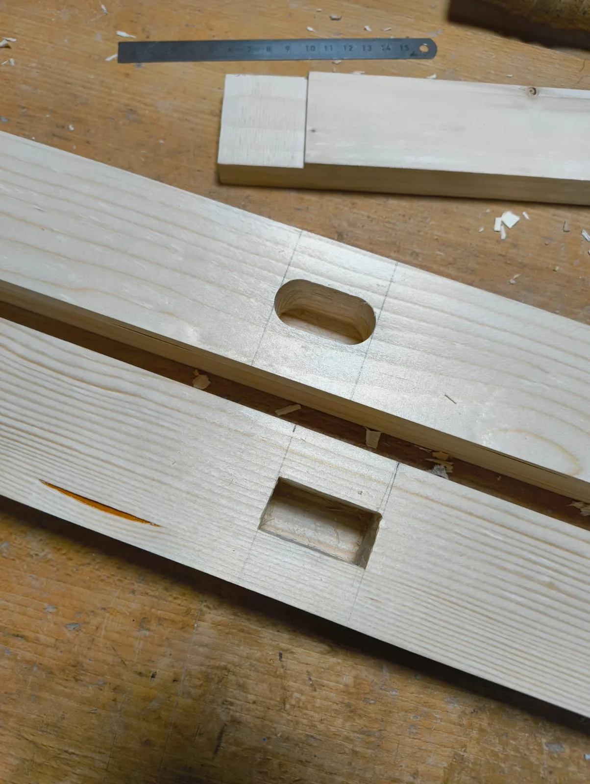 Mortises squared by hand with a chisel