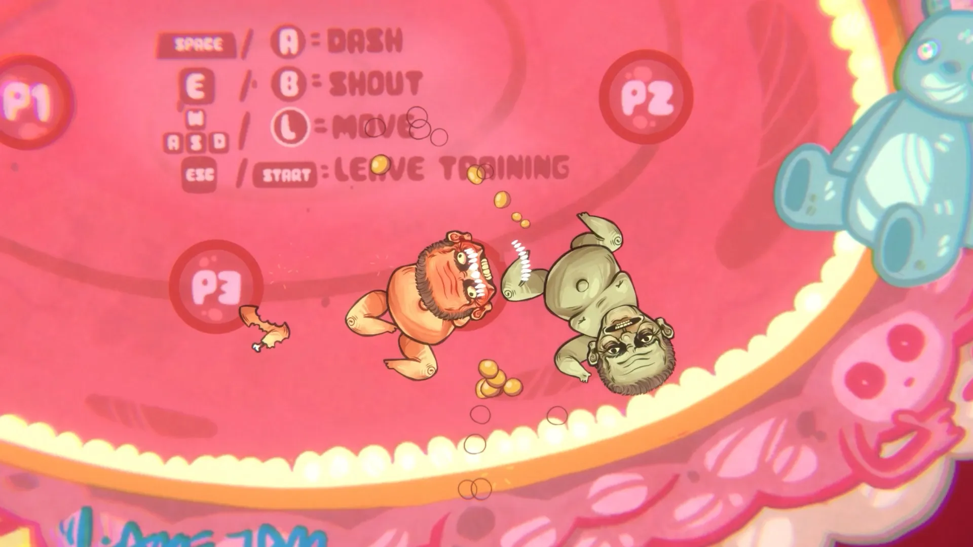 Training mode with control hints and a fetus gnawing on another