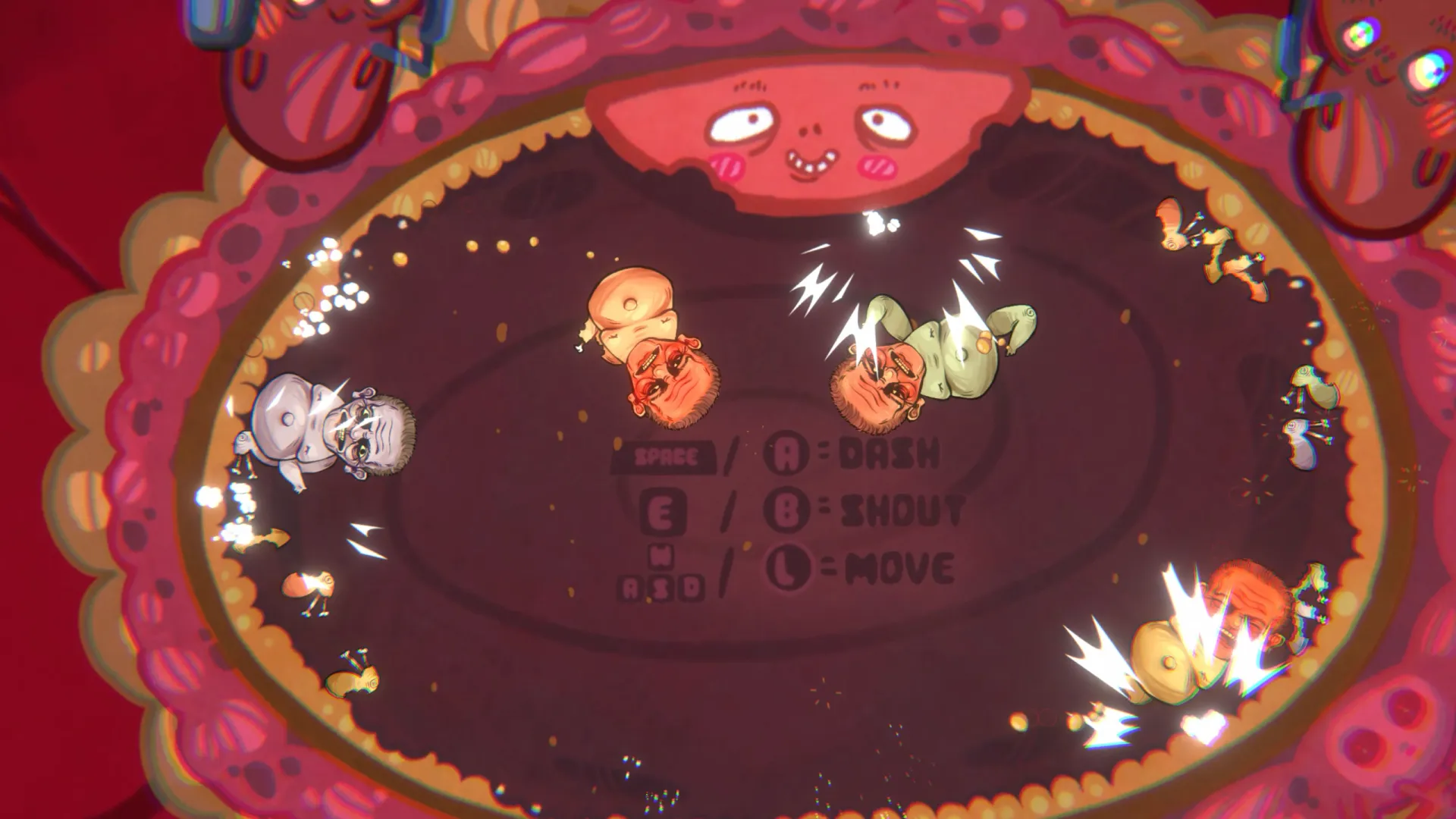 Four fetuses dashing and shouting at each other inside the womb arena