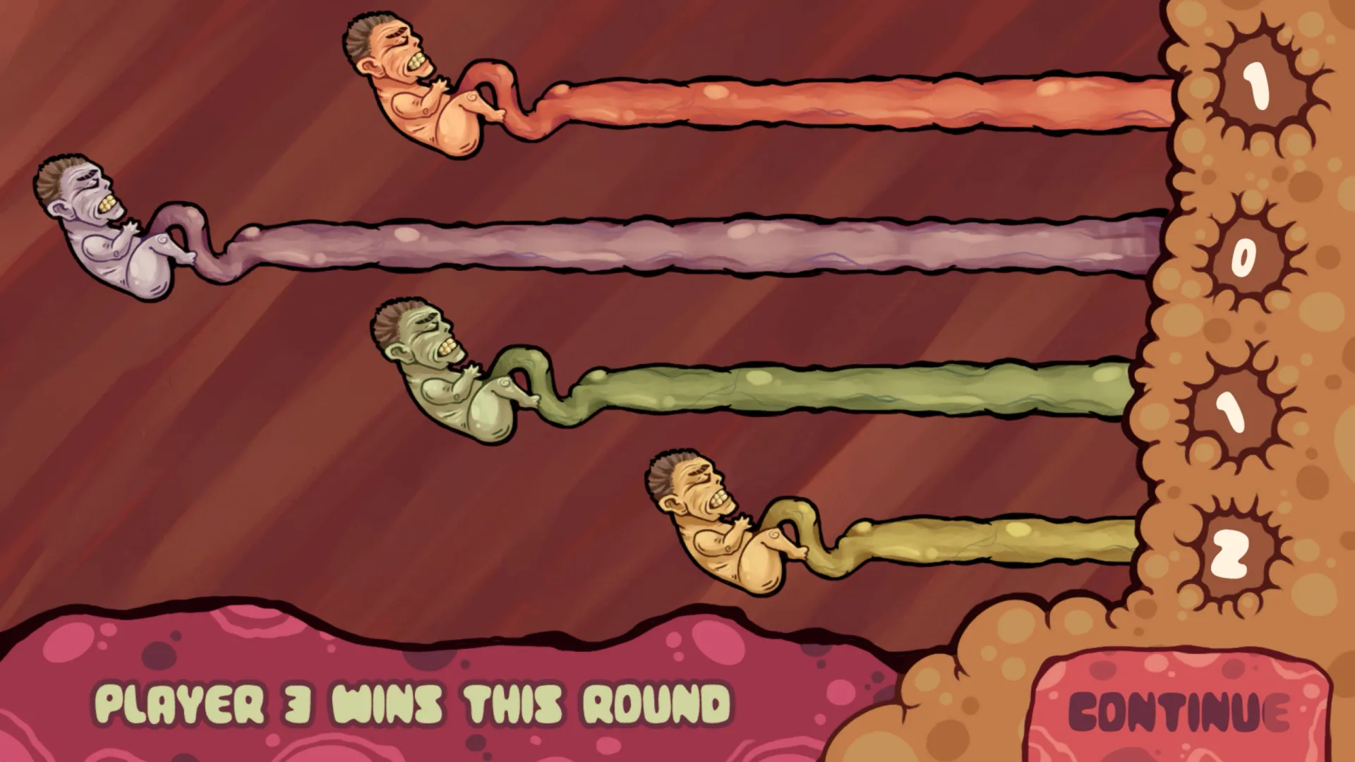 Round results screen with four fetuses on umbilical cords and their scores