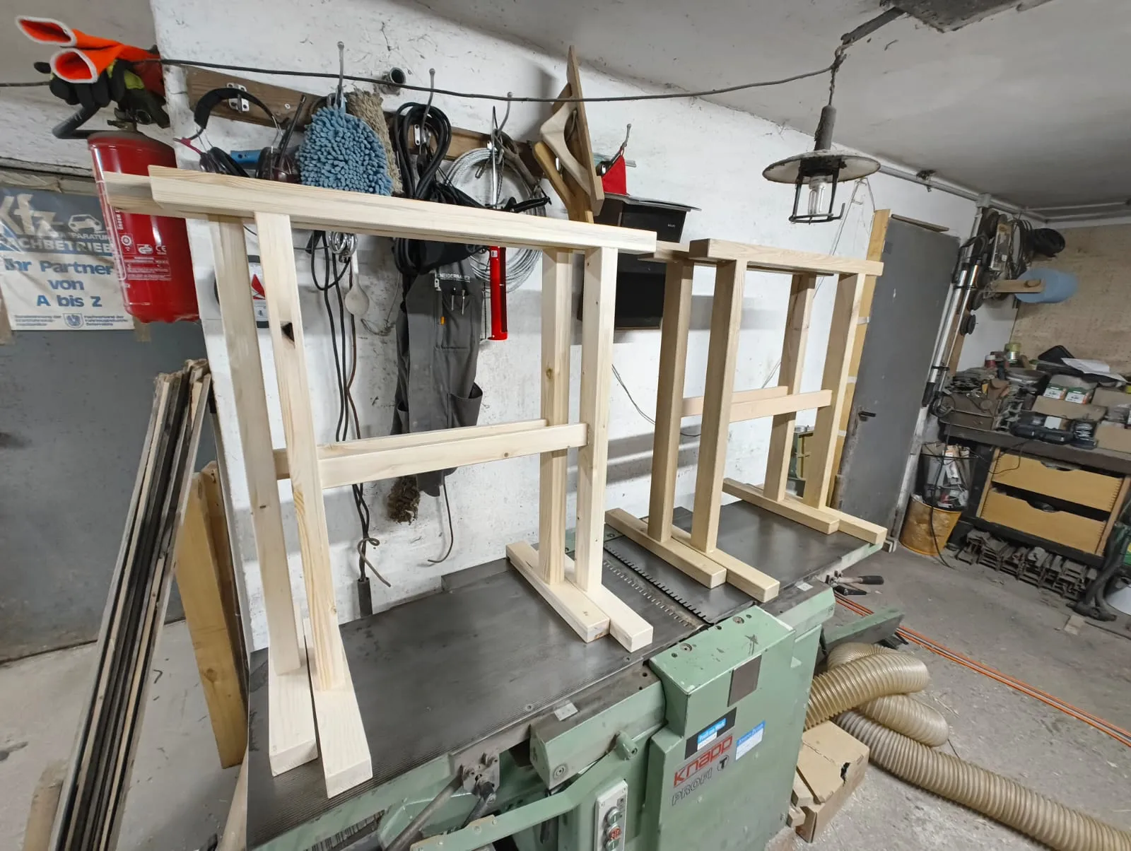 Finished spruce trestles next to oak trestles