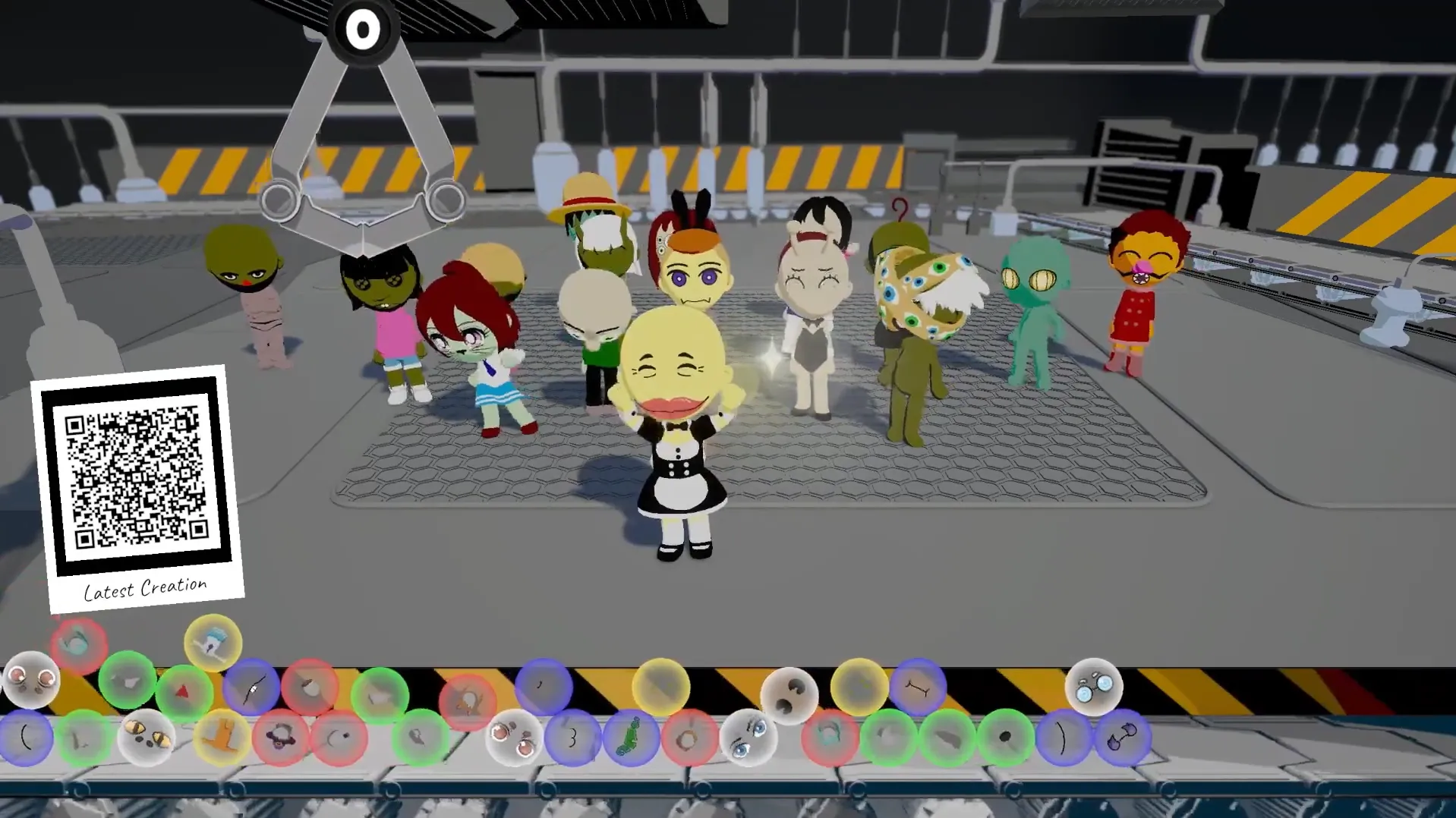 In-game view of the claw above the conveyor belt with character features