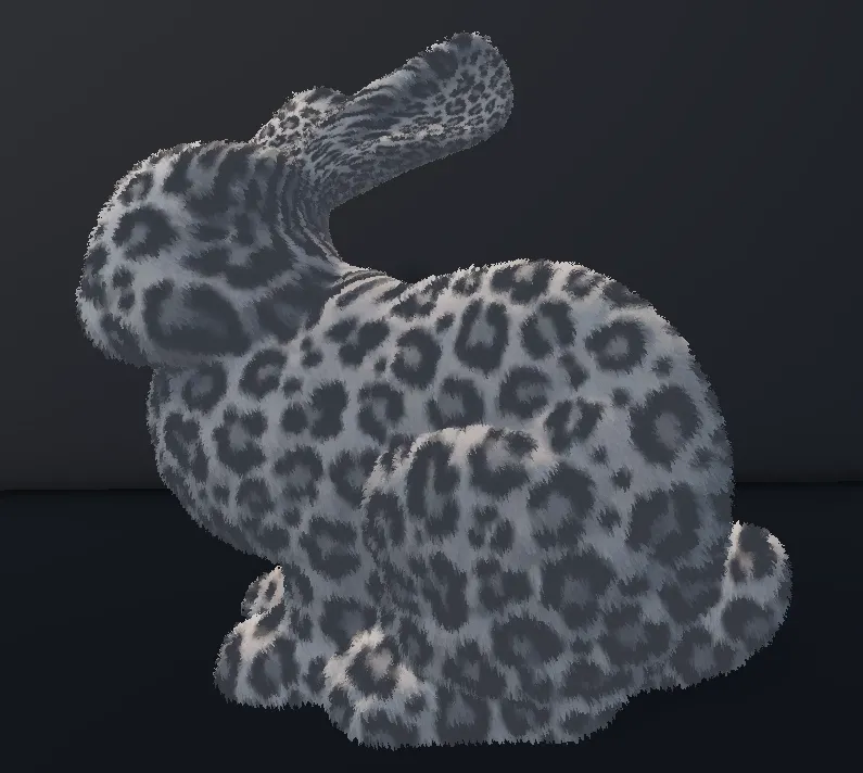 Bunny model covered in snow leopard patterned shell-textured fur